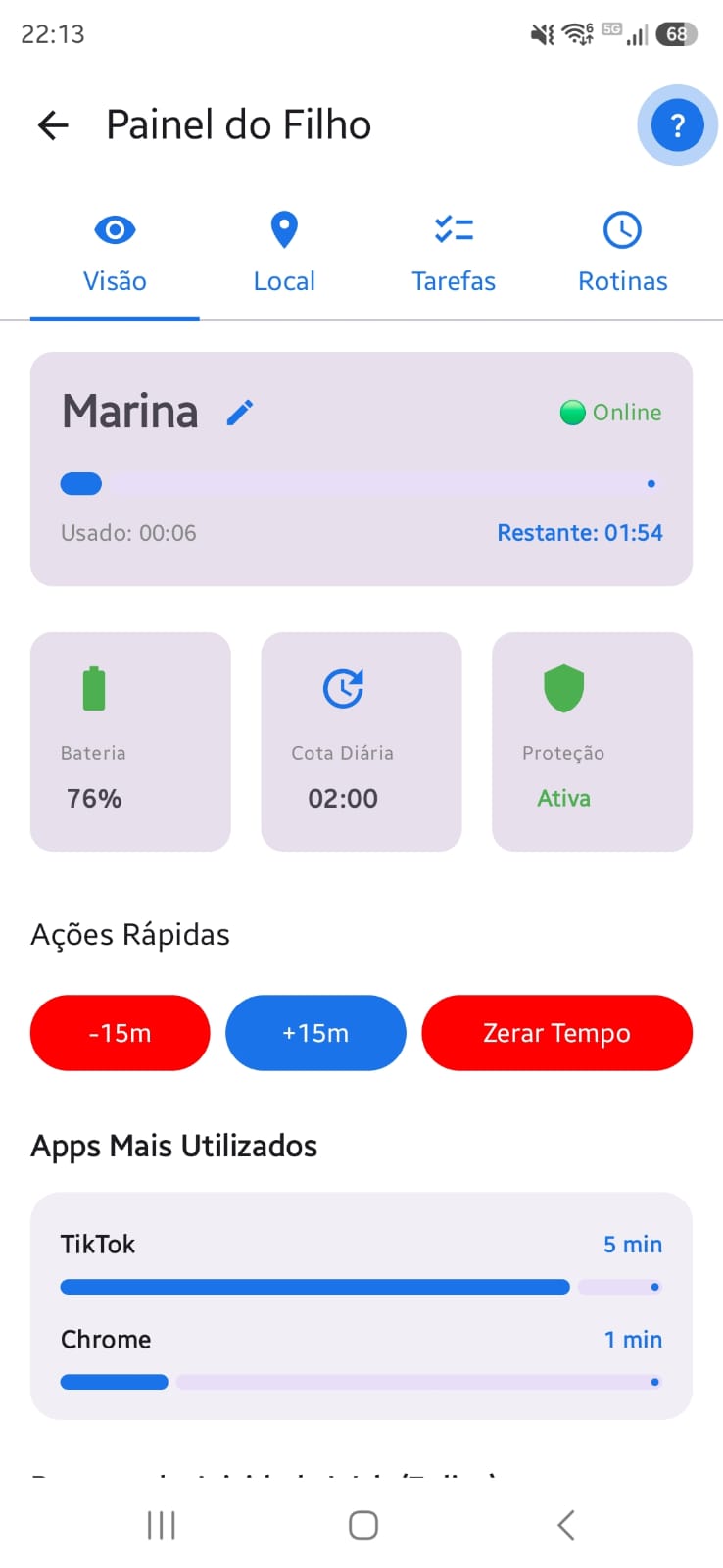 Tela principal do Attento para o responsavel